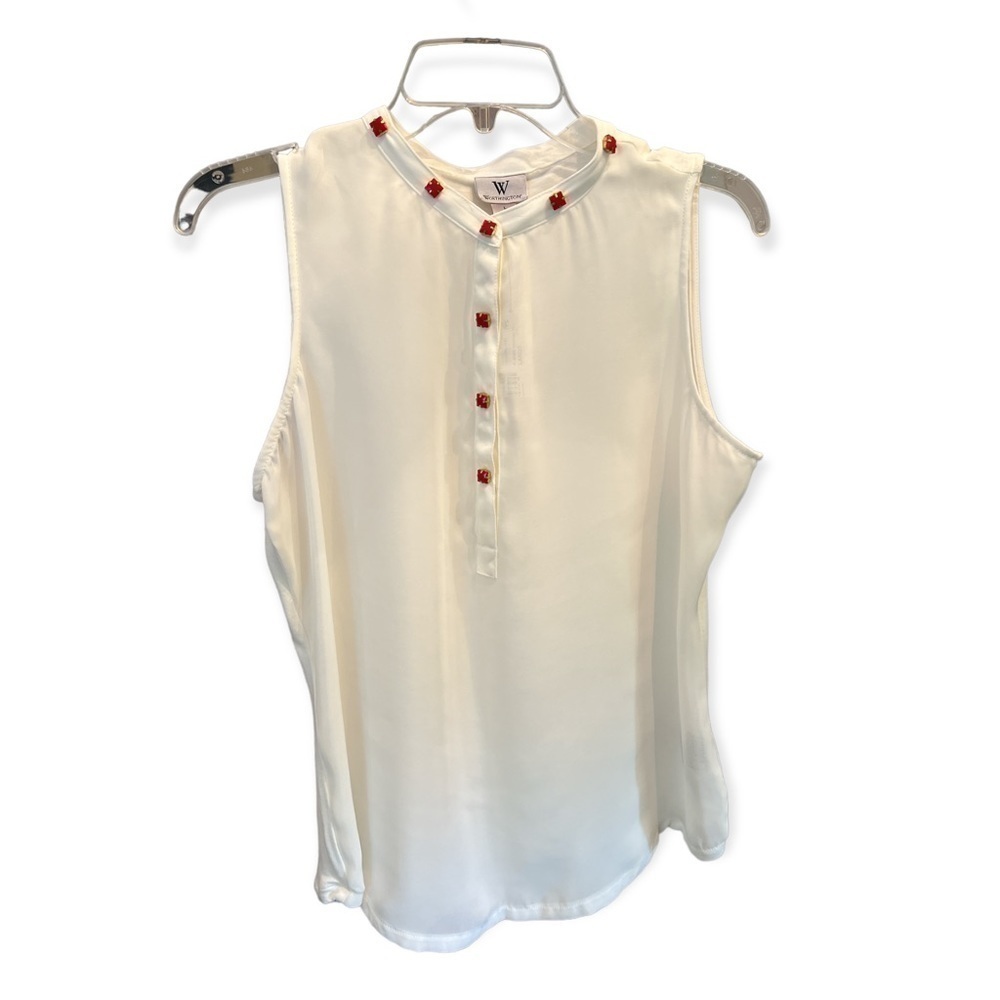 Worthington Sleeveless Half Button Red Square with Gold Ivory Semi Sheer Size L